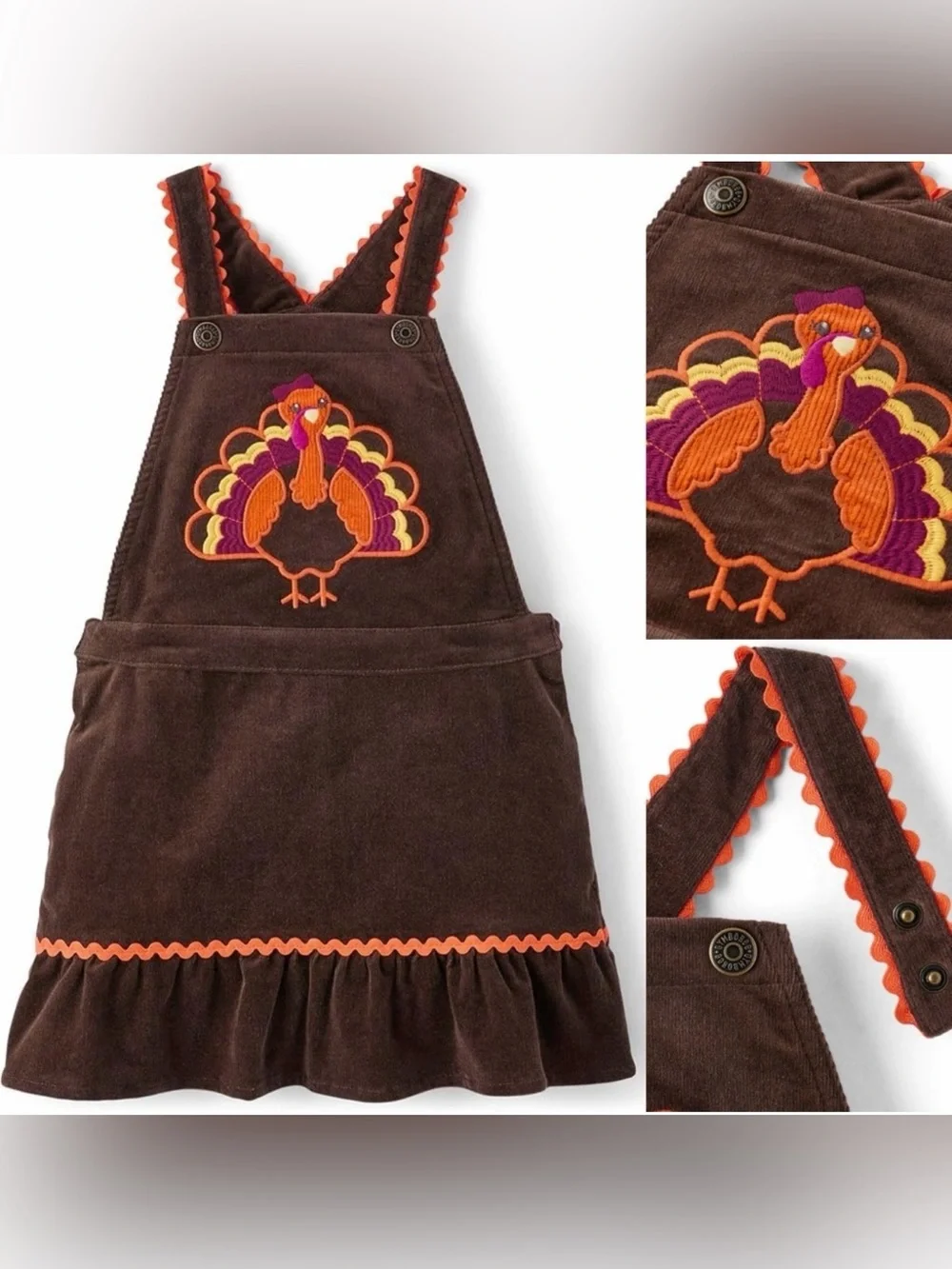 Gymboree Turkey Thanksgiving Overalls Brown Corduroy & Orange Girl Dress Size 5